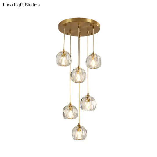 Stylish Modern Brass Ceiling Hang Light With Faceted K9 Crystal Cluster Ball Pendant For Living Room