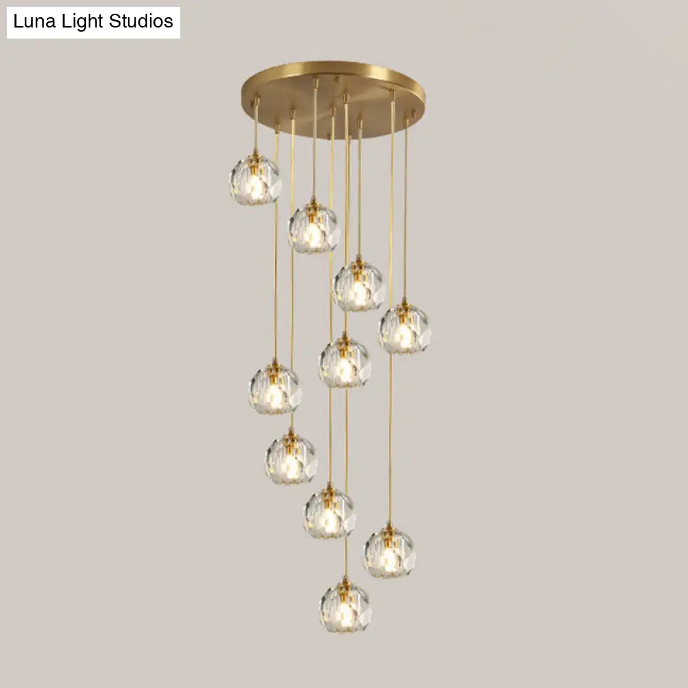 Stylish Modern Brass Ceiling Hang Light With Faceted K9 Crystal Cluster Ball Pendant For Living Room