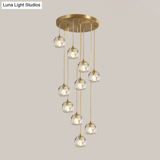 Stylish Modern Brass Ceiling Hang Light With Faceted K9 Crystal Cluster Ball Pendant For Living Room