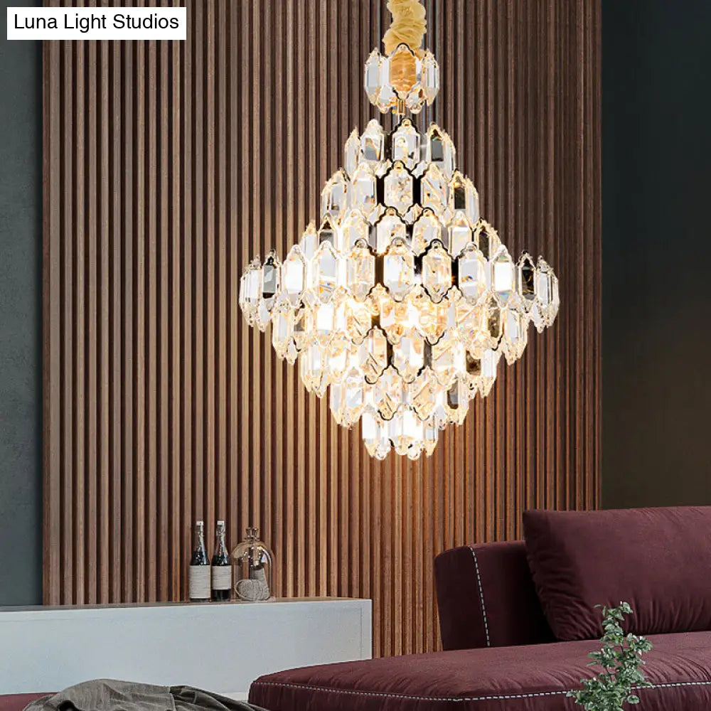 Modern 8/10-Head Silver Cone Pendant Lamp With Clear K9 Crystal Chandelier Light - Stylish And