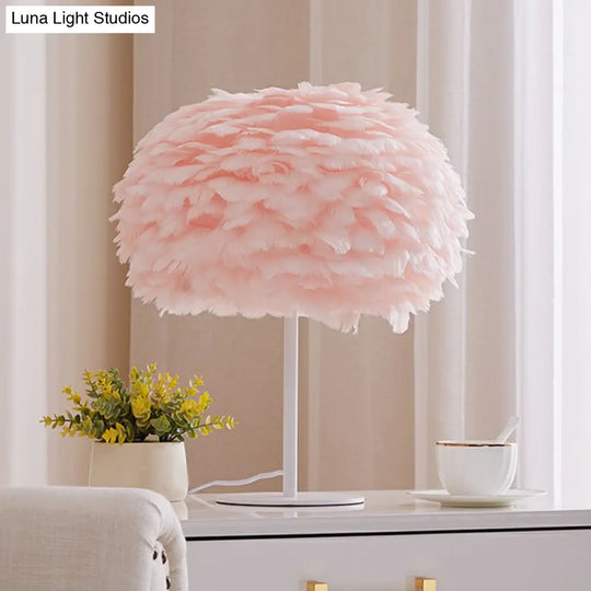 Stylish Nordic 1-Bulb Table Lamp: Hemispherical Nightstand Light With Feather Shade