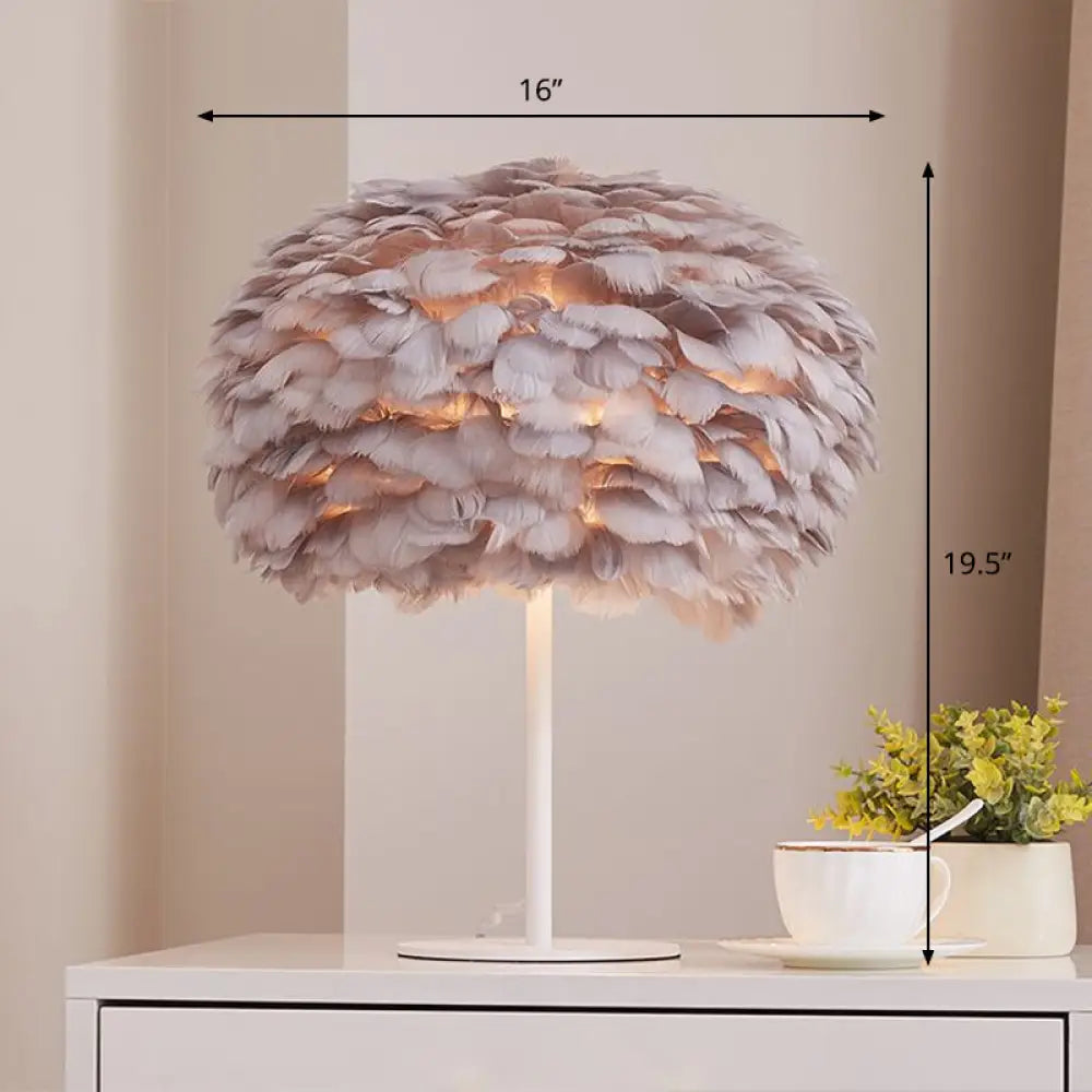 Stylish Nordic 1-Bulb Table Lamp: Hemispherical Nightstand Light With Feather Shade Grey