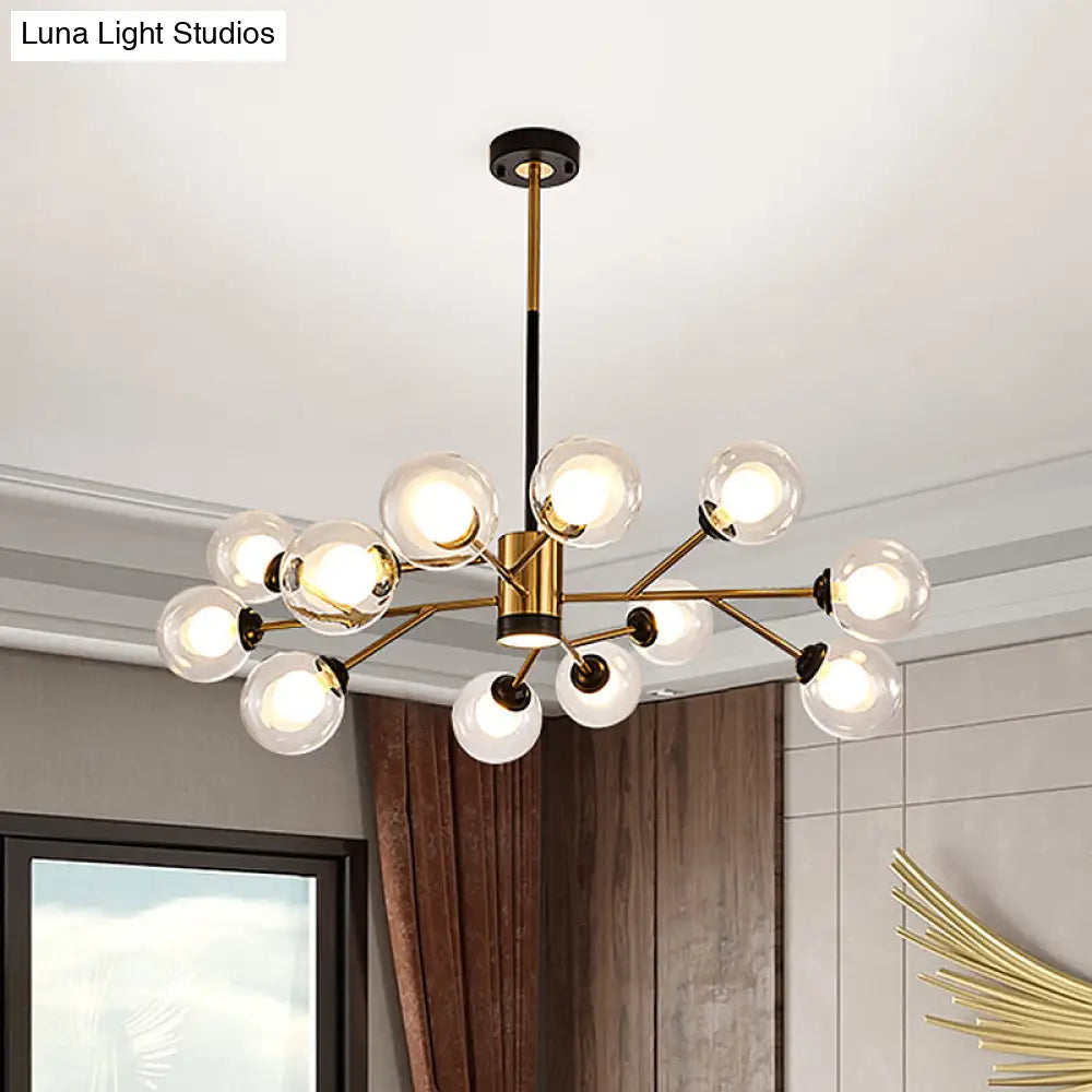 Stylish Postmodern Clear Glass Orb Chandelier - Branching Design 12 Bulbs Black-Gold Pendant Lamp