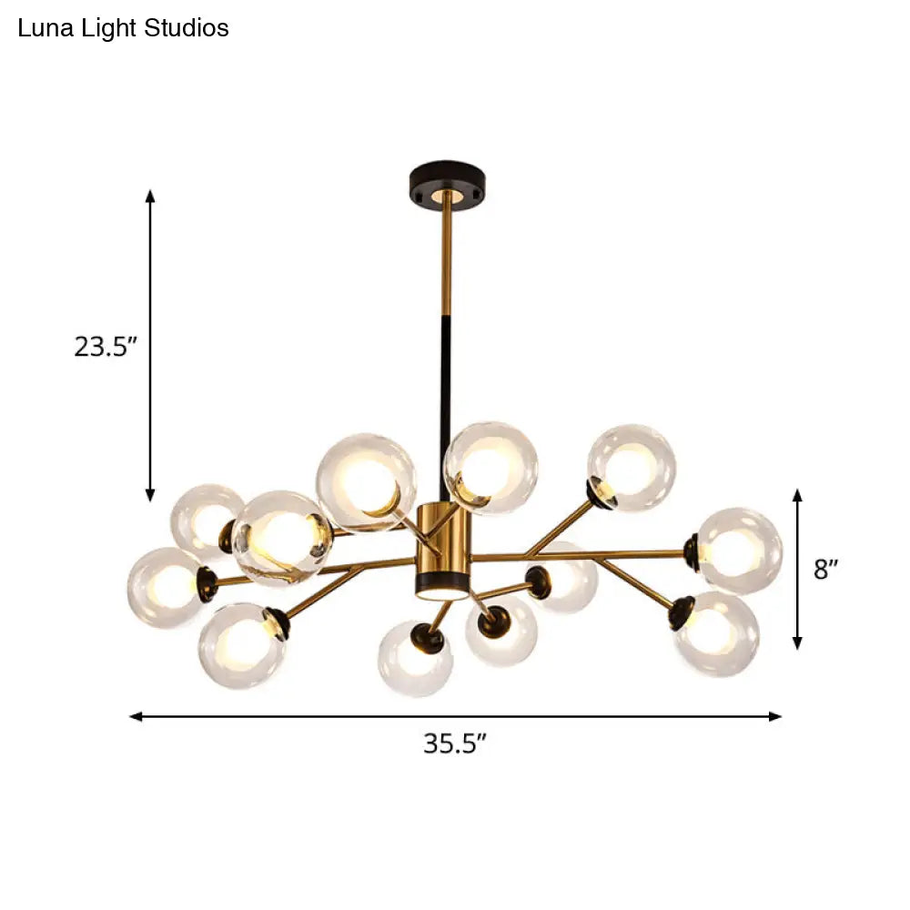 Stylish Postmodern Clear Glass Orb Chandelier - Branching Design 12 Bulbs Black-Gold Pendant Lamp