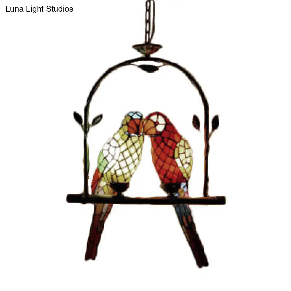 Stylish Parrot Tiffany Pendant Lamp With Hanging Perch Swing And 2 Red/Red & Yellow Lights