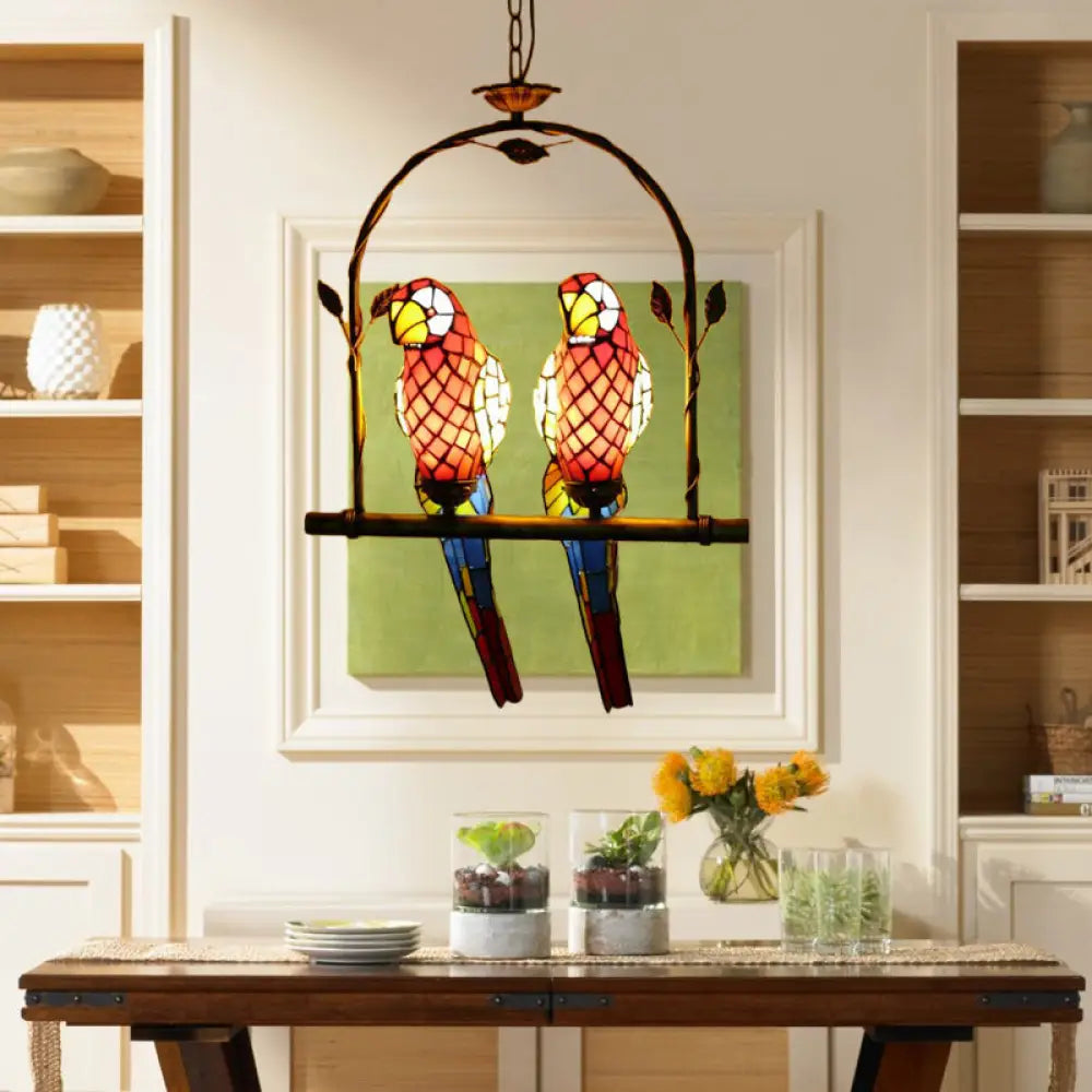 Stylish Parrot Tiffany Pendant Lamp With Hanging Perch Swing And 2 Red/Red & Yellow Lights Red