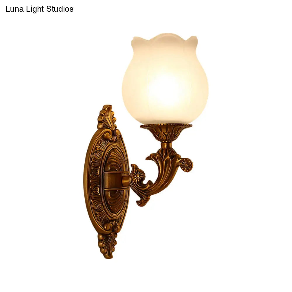 Stylish Petal Milk Glass Wall Light Sconce With 1 Bulb - Traditional Bedroom Mount In Gold