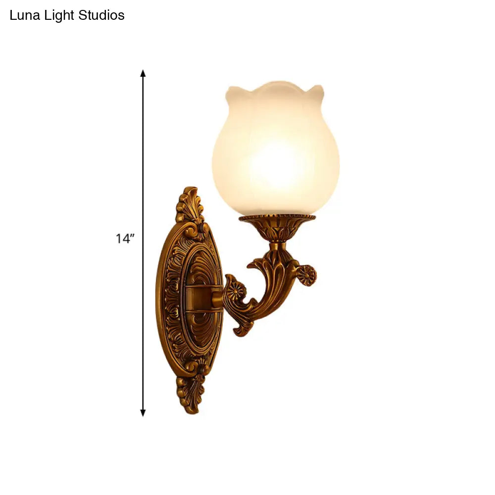 Stylish Petal Milk Glass Wall Light Sconce With 1 Bulb - Traditional Bedroom Mount In Gold