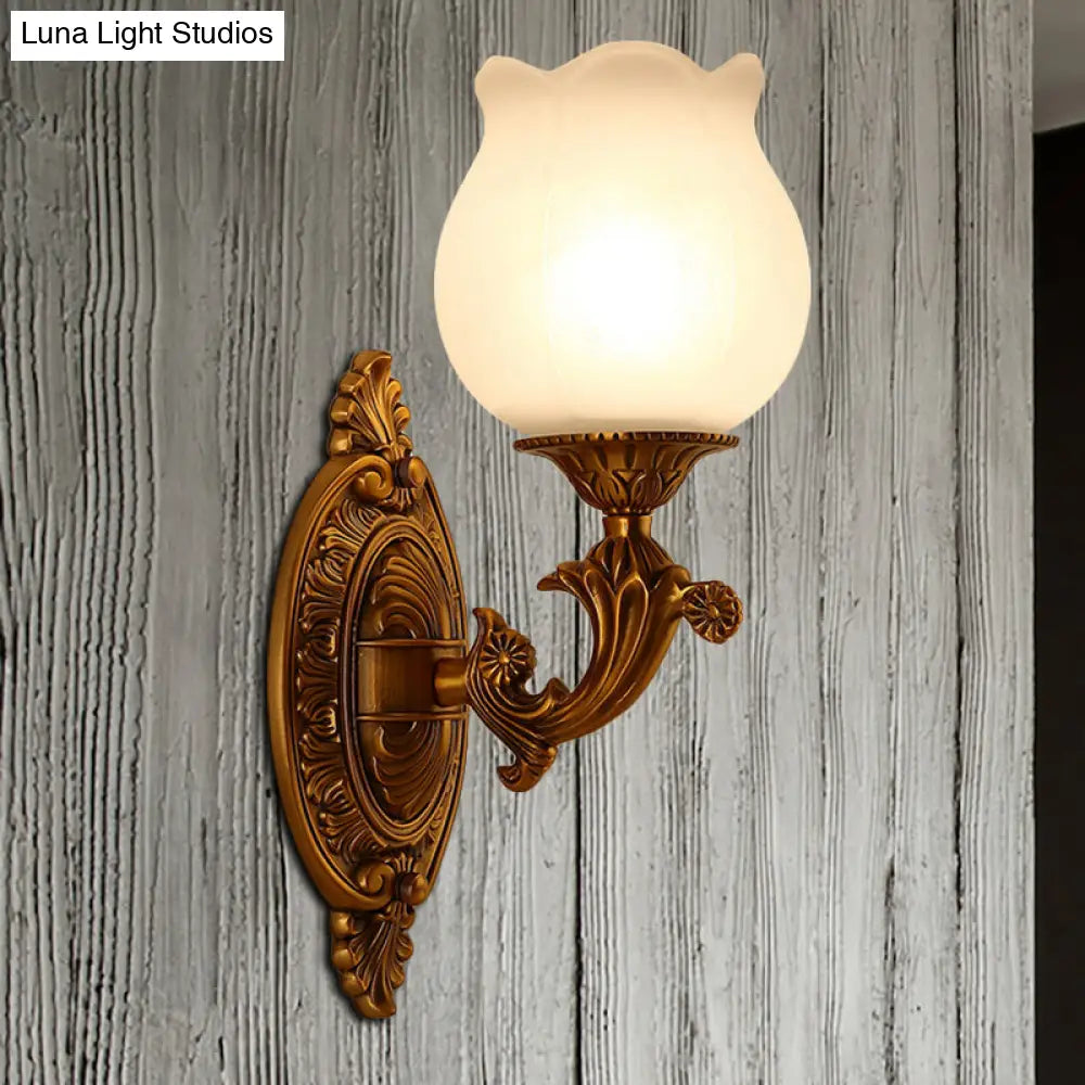 Stylish Petal Milk Glass Wall Light Sconce With 1 Bulb - Traditional Bedroom Mount In Gold