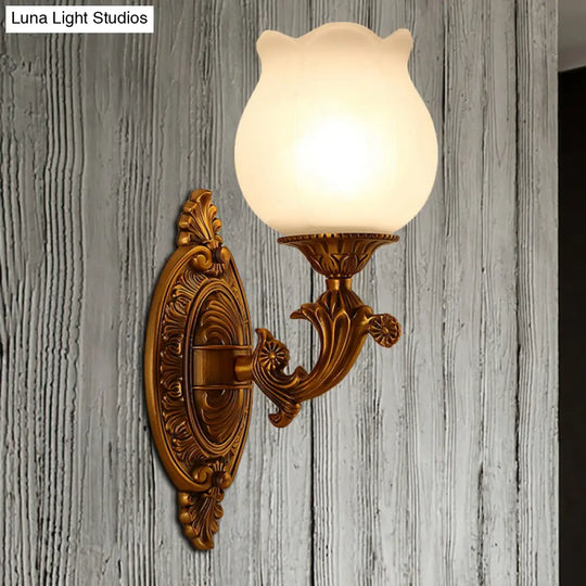 Stylish Petal Milk Glass Wall Light Sconce With 1 Bulb - Traditional Bedroom Mount In Gold