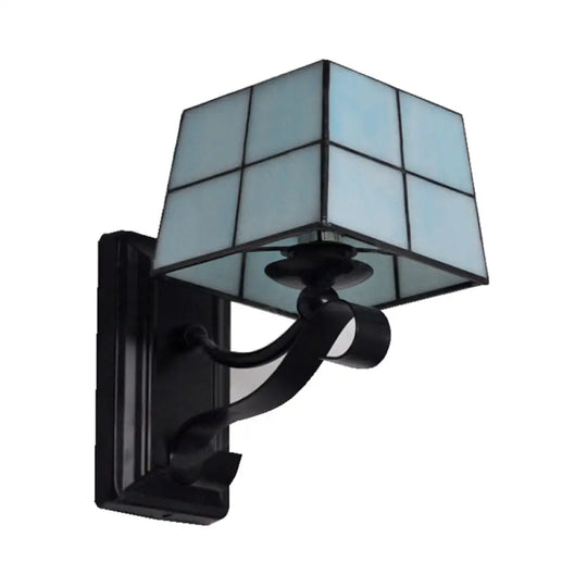 Stylish Pink/Blue/Beige Square Tiffany Style Stained Glass Wall Light - Bedroom Mount Blue