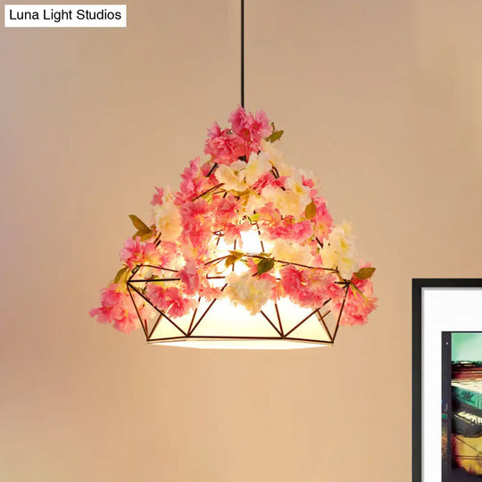 Farm Iron Diamond Frame Pendant Lamp With Pink/Green Design And Fabric Shade