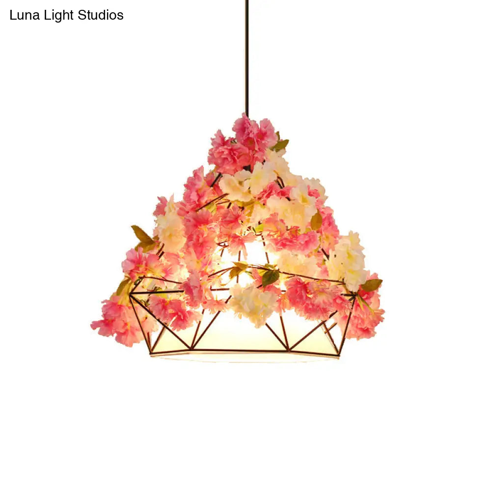 Stylish Pink/Green Hanging Light Pendant Lamp - Farm Iron Diamond Frame With Fabric Shade