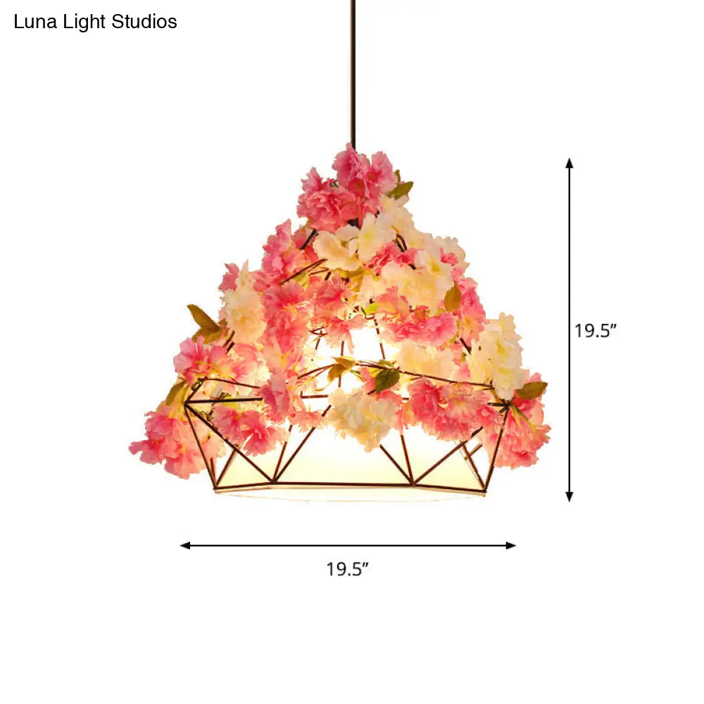 Farm Iron Diamond Frame Pendant Lamp With Pink/Green Design And Fabric Shade