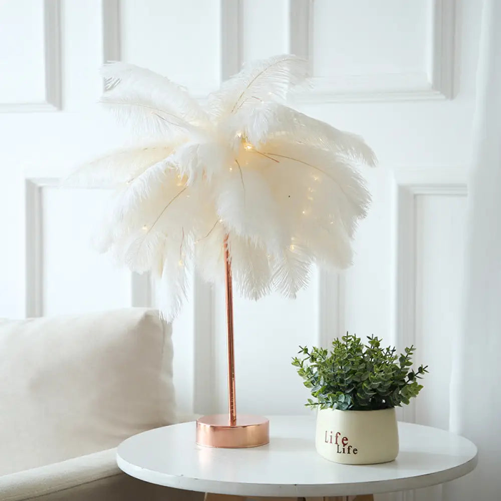 Stylish Pink/White Palmtree Night Lamp - Feather Battery Powered Led Table Light With Usb Charging