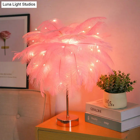 Stylish Pink/White Palmtree Night Lamp - Feather Battery Powered Led Table Light With Usb Charging