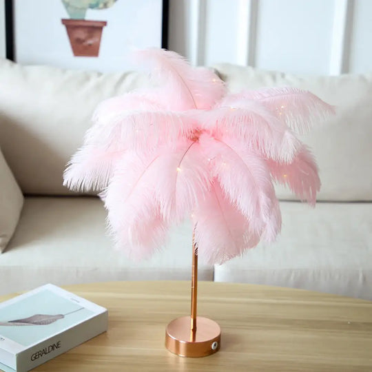 Stylish Pink/White Palmtree Night Lamp - Feather Battery Powered Led Table Light With Usb Charging