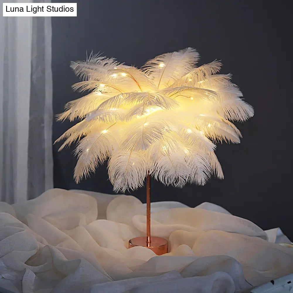 Stylish Pink/White Palmtree Night Lamp - Feather Battery Powered Led Table Light With Usb Charging