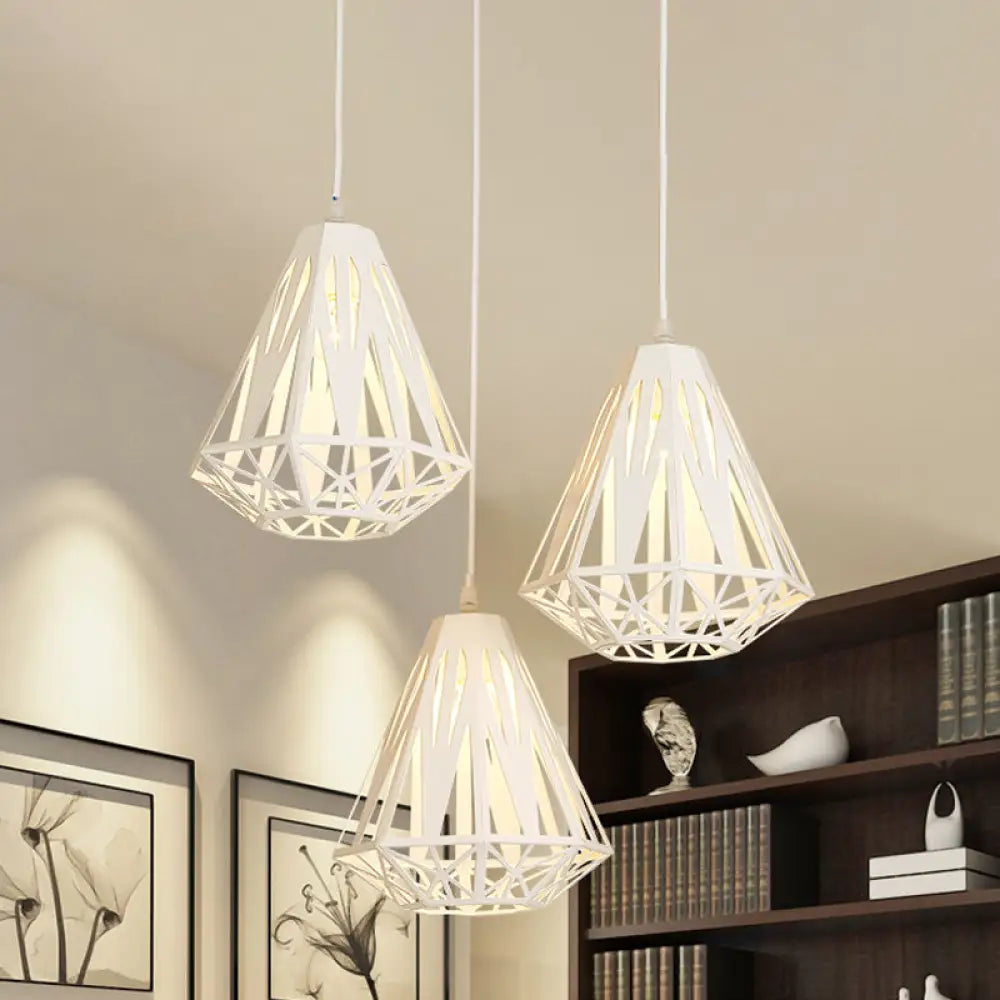 Stylish Polygon Pendant Light Fixture With Wire Frame For Dining Room - 1-Light In Black/White White