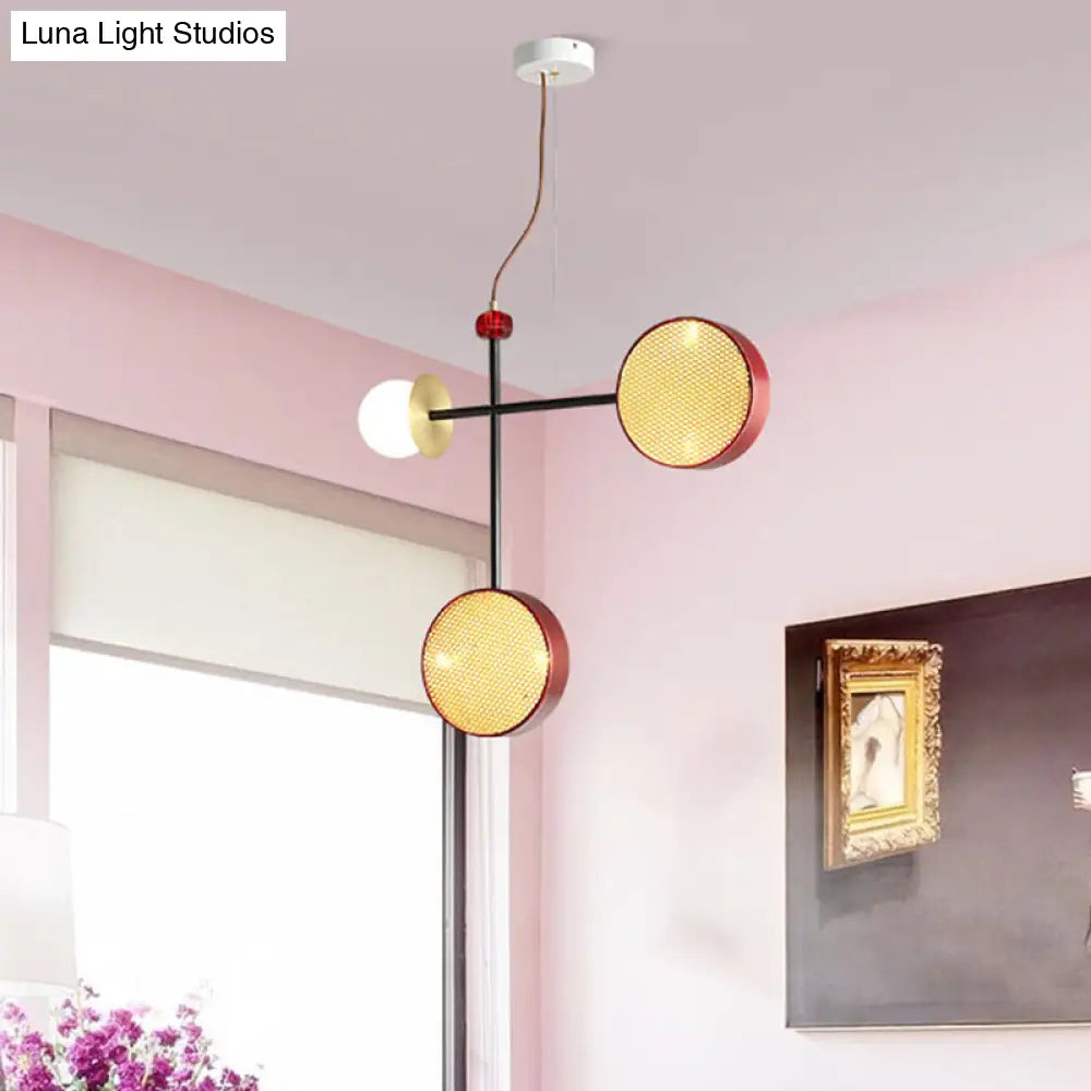 Stylish Red Cross Chandelier With Ball Glass Shade - Modern Metal 5-Light Pendant Lamp For Living