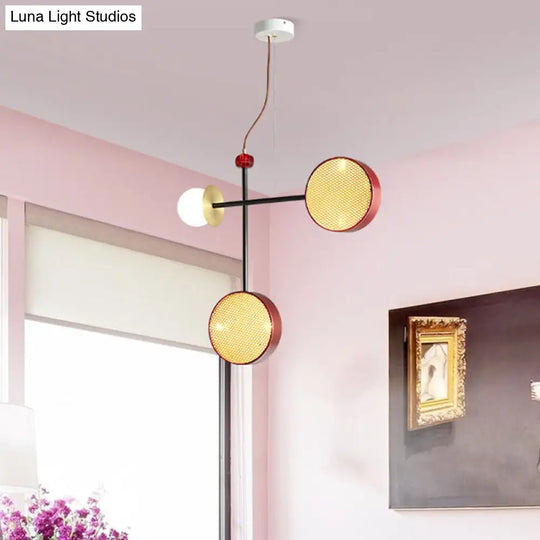 Stylish Red Cross Chandelier With Ball Glass Shade - Modern Metal 5-Light Pendant Lamp For Living