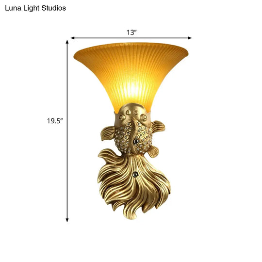 Stylish Resin Fish Shape Wall Mount Light - Red/Gold 1-Light Sconce Fixture With Amber Glass Bell