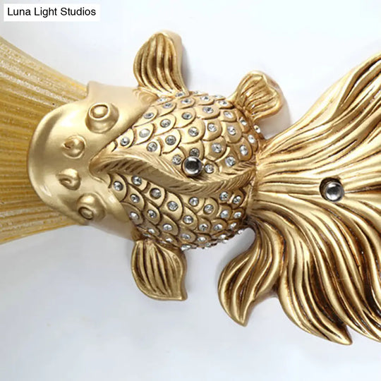 Stylish Resin Fish Shape Wall Mount Light - Red/Gold 1-Light Sconce Fixture With Amber Glass Bell