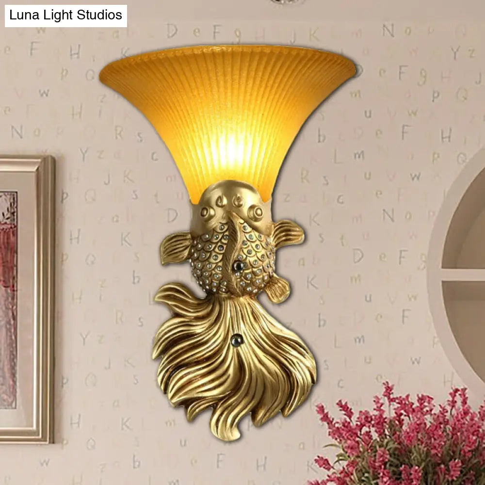 Stylish Resin Fish Shape Wall Mount Light - Red/Gold 1-Light Sconce Fixture With Amber Glass Bell