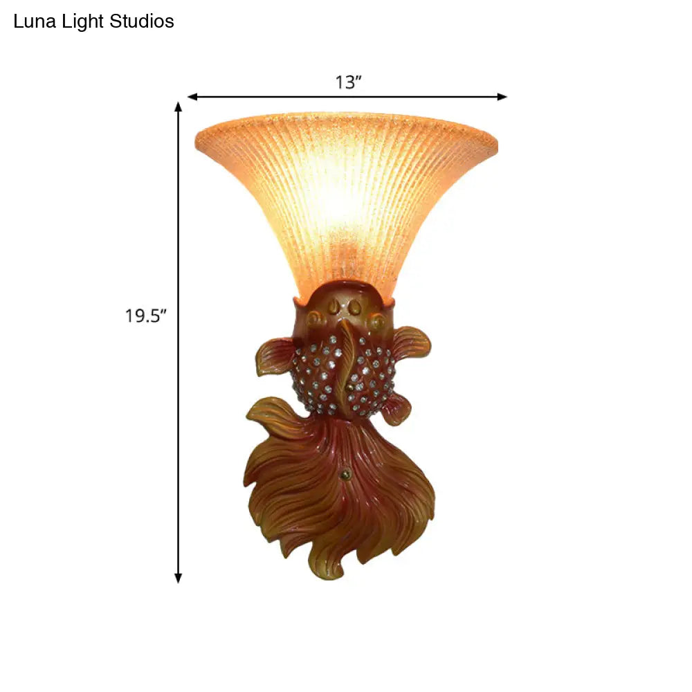 Stylish Resin Fish Shape Wall Mount Light - Red/Gold 1-Light Sconce Fixture With Amber Glass Bell