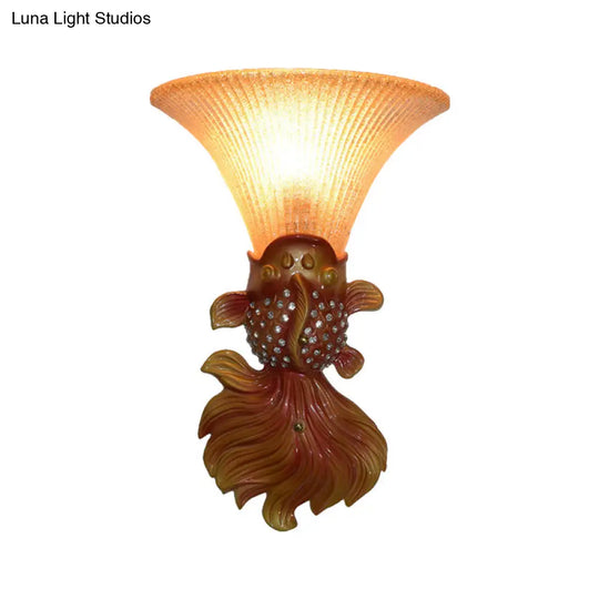 Stylish Resin Fish Shape Wall Mount Light - Red/Gold 1-Light Sconce Fixture With Amber Glass Bell