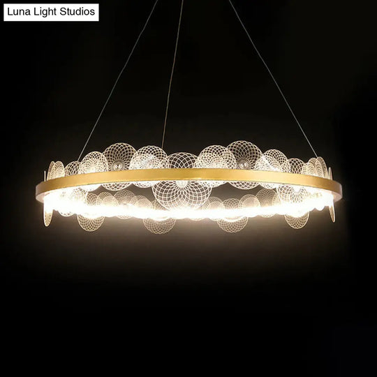 Stylish Retro Acrylic Led Chandelier With Transparent Flaked Design & Gold Hoop