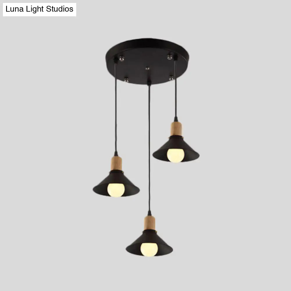 Stylish Retro Conic Pendant Lamp - 3 Light Metallic Hanging Fixture In Black For Dining Room