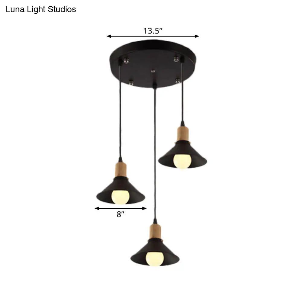 Retro Stylish Conic Pendant Lamp - 3 Lights Metallic Hanging Fixture Round Canopy Black | Dining