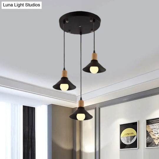 Stylish Retro Conic Pendant Lamp - 3 Light Metallic Hanging Fixture In Black For Dining Room