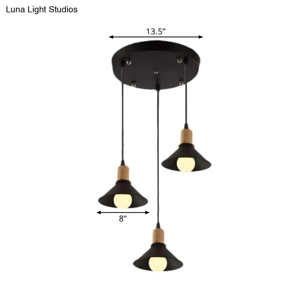 Stylish Retro Conic Pendant Lamp - 3 Light Metallic Hanging Fixture In Black For Dining Room