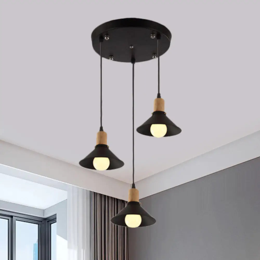 Stylish Retro Conic Pendant Lamp - 3 Light Metallic Hanging Fixture In Black For Dining Room