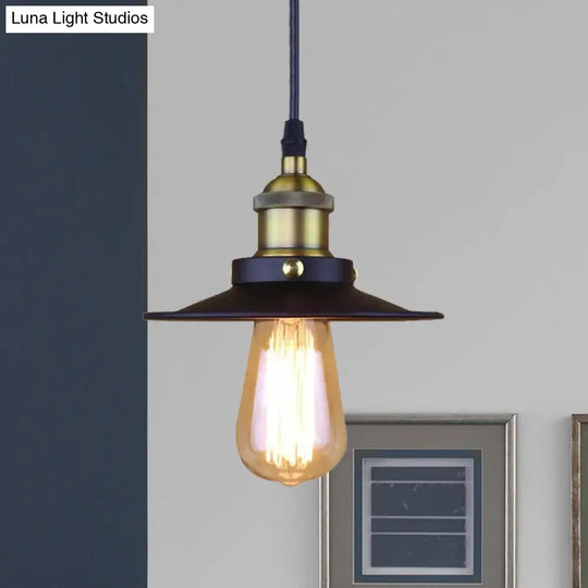 Retro Stylish Metallic Flat Shade Ceiling Pendant With 1 Bulb - Coffee Shop Hanging Lamp In Black