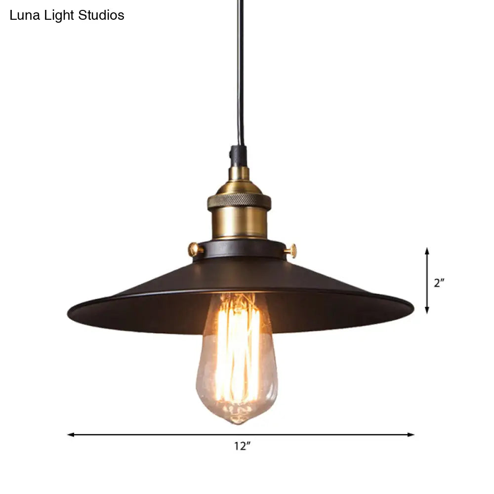 Retro Stylish Metallic Flat Shade Ceiling Pendant With 1 Bulb - Coffee Shop Hanging Lamp In Black