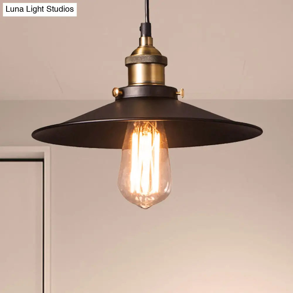 Retro Stylish Metallic Flat Shade Ceiling Pendant With 1 Bulb - Coffee Shop Hanging Lamp In Black