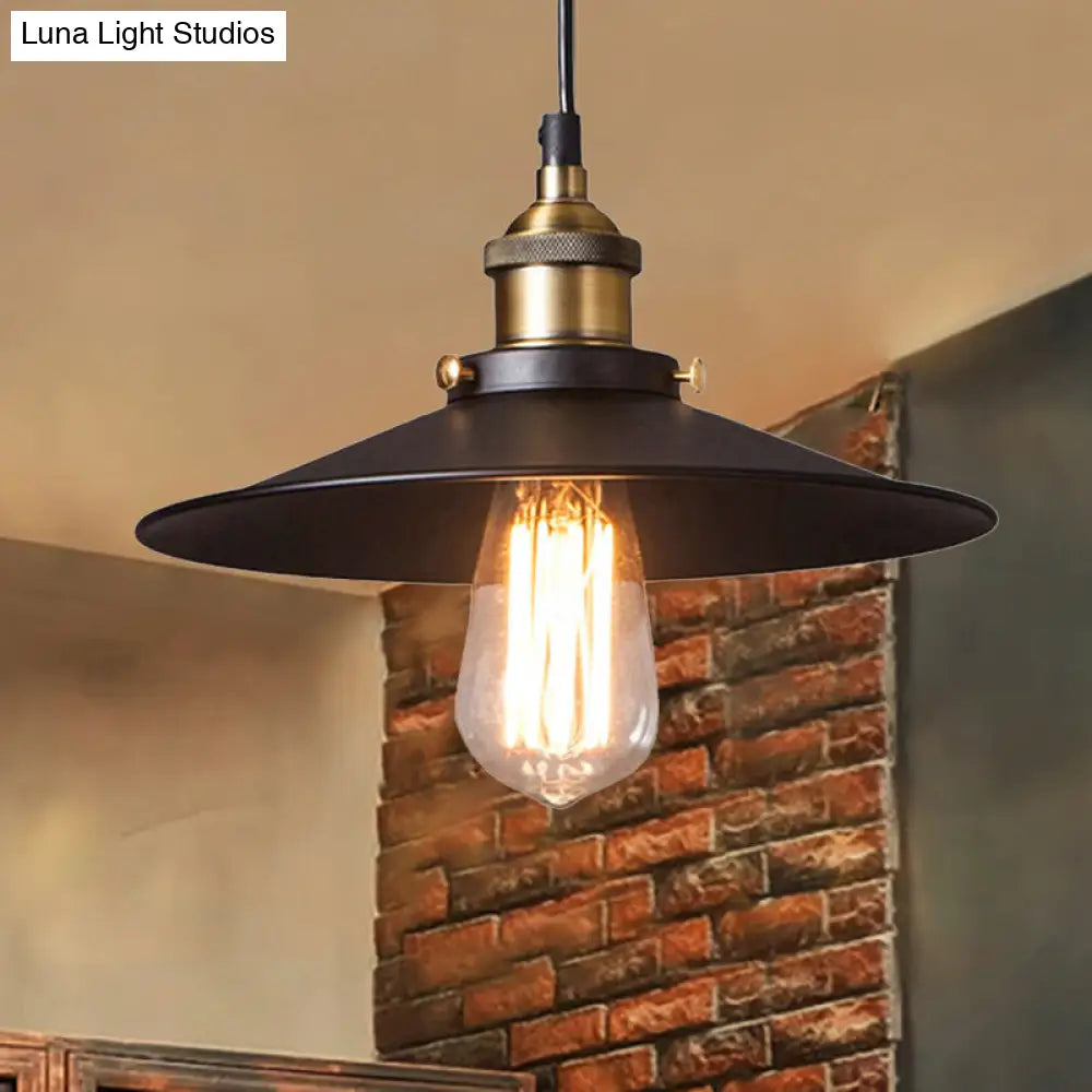 Retro Stylish Metallic Flat Shade Ceiling Pendant With 1 Bulb - Coffee Shop Hanging Lamp In Black