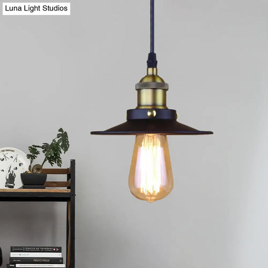 Retro Stylish Metallic Flat Shade Ceiling Pendant With 1 Bulb - Coffee Shop Hanging Lamp In Black