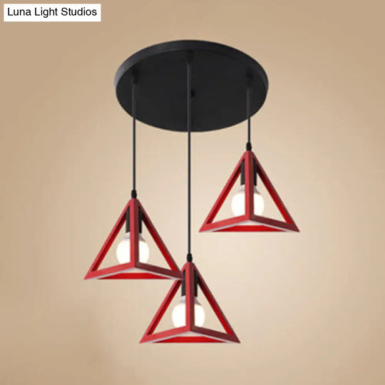 Retro Triangle Pendant Ceiling Light - Stylish Metallic 3-Head Suspension Lamp Red / Round