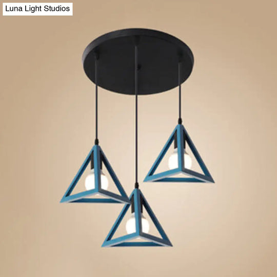 Retro Triangle Pendant Ceiling Light - Stylish Metallic 3-Head Suspension Lamp Blue / Round