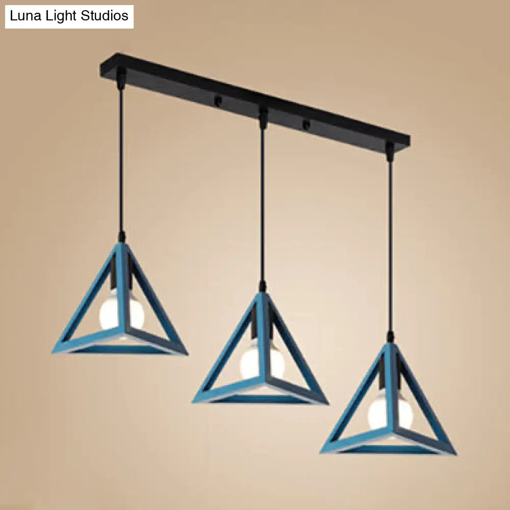 Retro Triangle Pendant Ceiling Light - Stylish Metallic 3-Head Suspension Lamp Blue / Linear