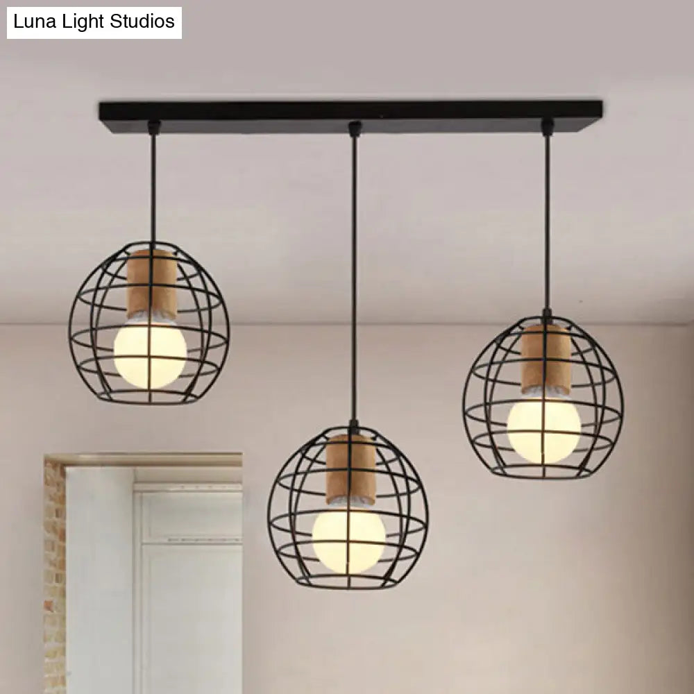 Retro Stylish 3-Light Metal Pendant Ceiling Fixture With Globe/Hexagon Cage Shade In Black / Globe