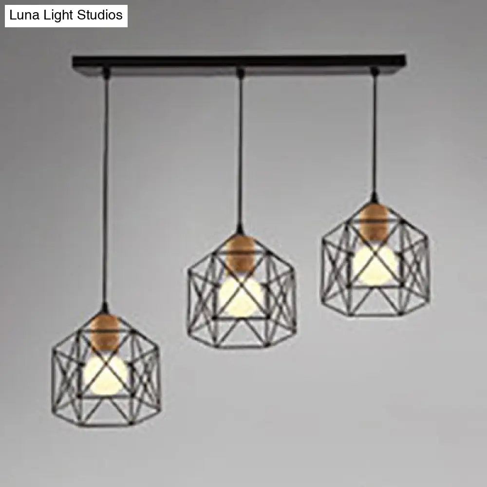 Retro Stylish 3-Light Metal Pendant Ceiling Fixture With Globe/Hexagon Cage Shade In Black / Hexagon