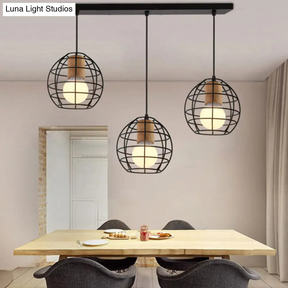 Stylish Retro Pendant Light With 3-Head Ceiling Fixture And Metal Globe/Hexagon Cage Shade In Black