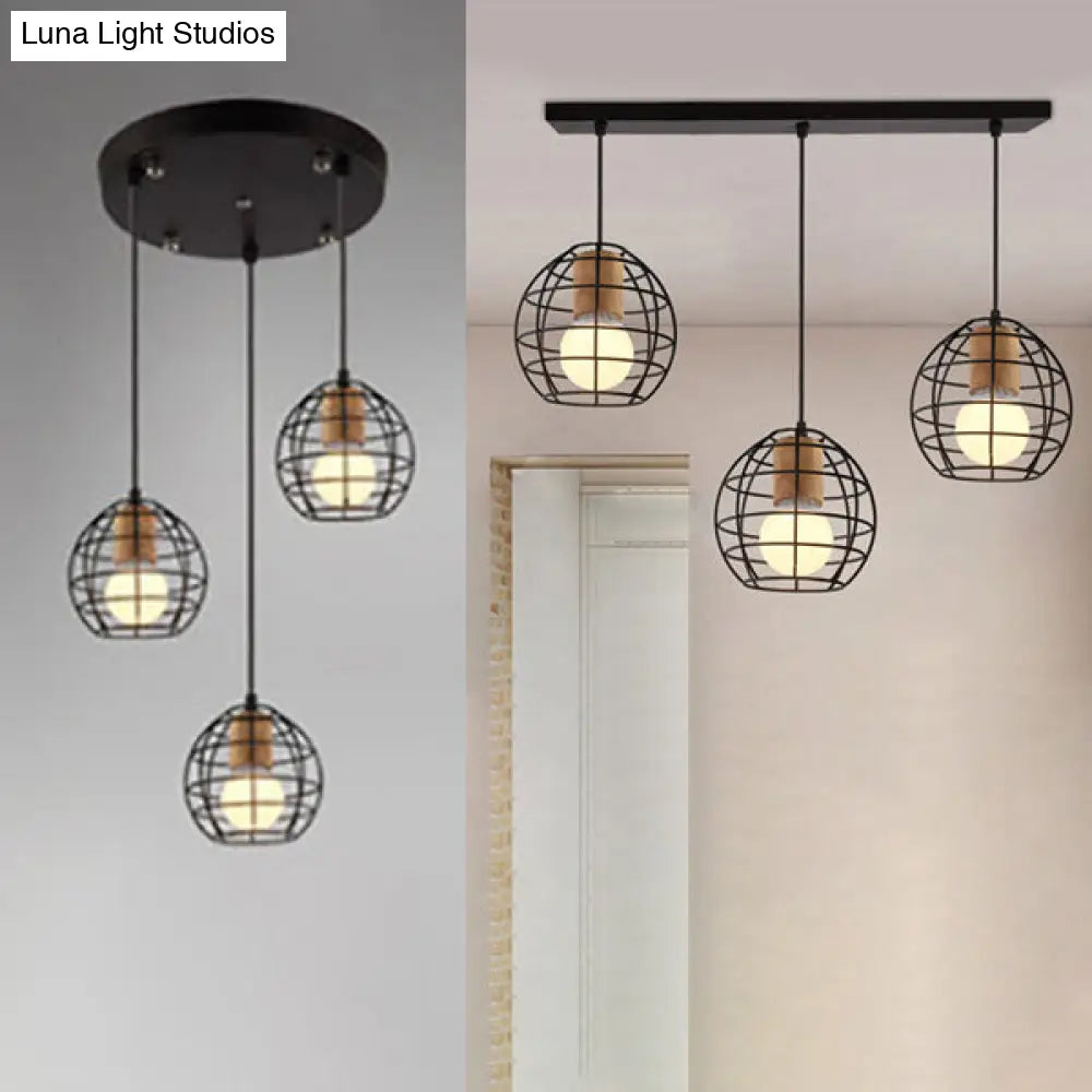 Retro Stylish 3-Light Metal Pendant Ceiling Fixture With Globe/Hexagon Cage Shade In Black