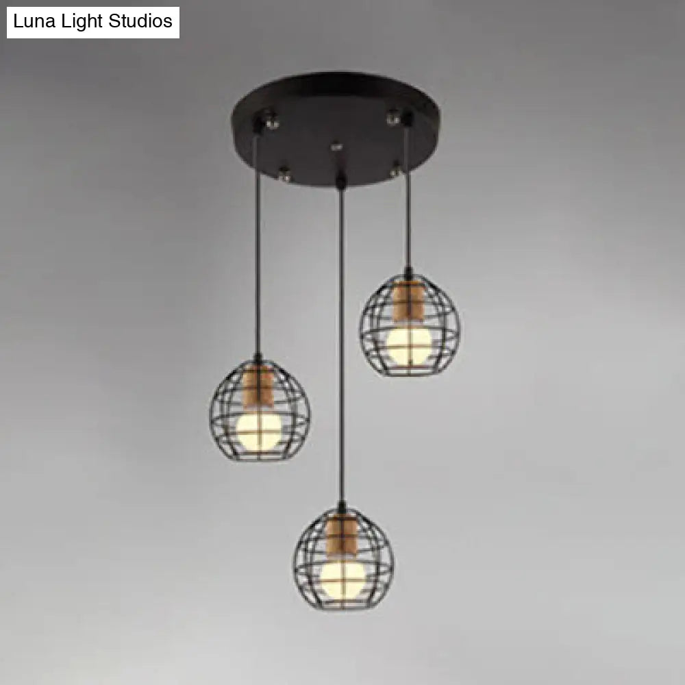 Retro Stylish 3-Light Metal Pendant Ceiling Fixture With Globe/Hexagon Cage Shade In Black / Globe