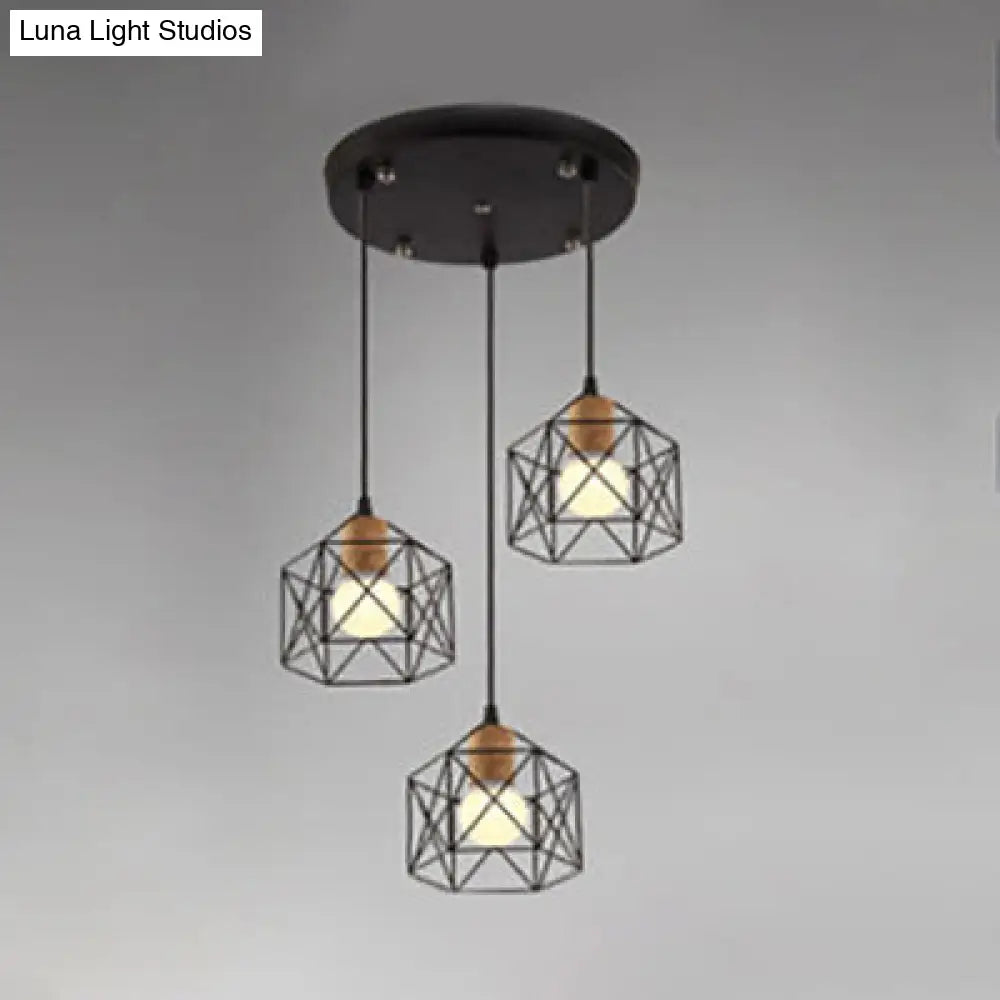 Retro Stylish 3-Light Metal Pendant Ceiling Fixture With Globe/Hexagon Cage Shade In Black / Hexagon